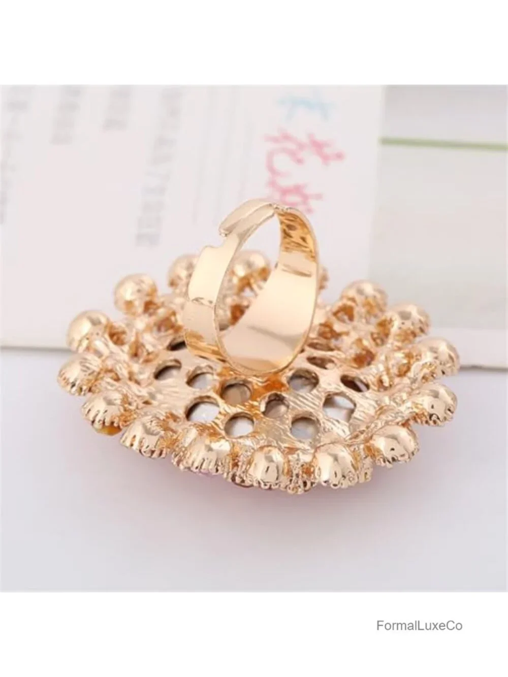 Crystal Rhinestone Gold Plated Adjustable Oval Statement Ring Women Cocktail